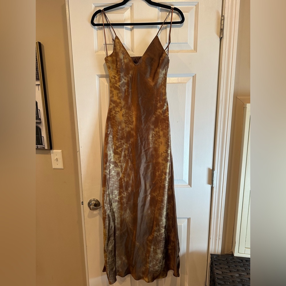 Zara Brown Tie-Dye/Leopard Satin Slip Maxi Dress with V-Neck